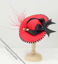 (image for) Miniature Red Ladies Hat w/Feather & Black Bow for Dollhouses