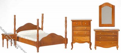 (image for) Miniature 5 Piece Walnut Bedroom Set for Dollhouses