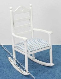 (image for) Miniature White Rocking Chair with Blue Seat for Dollhouses