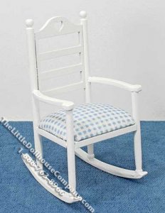 (image for) Miniature White Rocking Chair with Blue Seat for Dollhouses