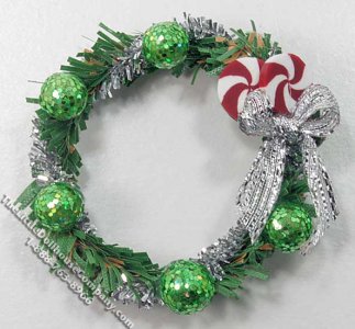 (image for) Miniature Wreath w/Silver Bow & Green Ornaments for Dollhouses