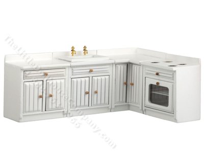 (image for) Miniature 4 Piece White Beadboard Kitchen Set for Dollhouses