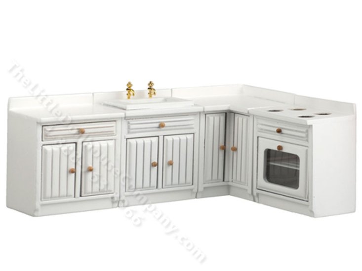 (image for) Miniature 4 Piece White Beadboard Kitchen Set for Dollhouses