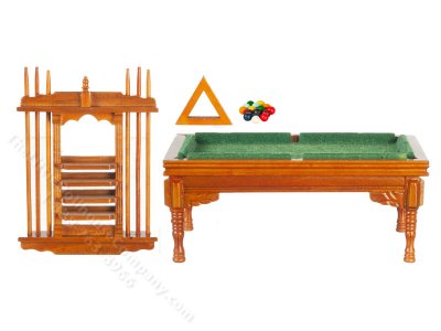 (image for) Miniature Walnut Pool Table and Cue Stand for Dollhouses