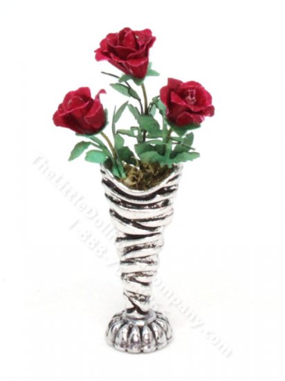(image for) Miniature Dark Red Roses in a Silver Vase