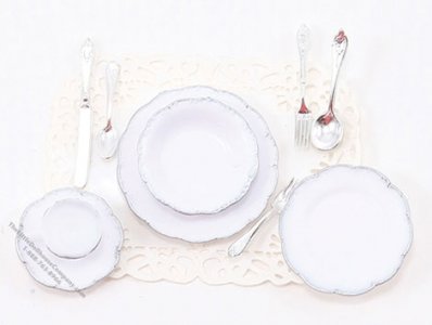 (image for) Miniature One Place Setting with Silver Trim For Dollhouses