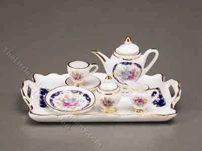 (image for) Dollhouse Scale Teaset on Tray - Royal Blue Design