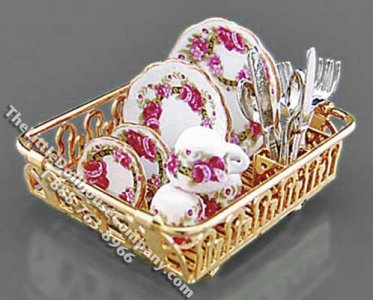 (image for) Miniature Sink Basket with Rose Pattern Dishes for Dollhouses