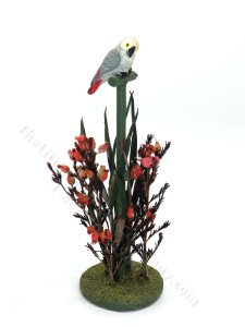 (image for) Vintage Miniature African Grey Parrot on Perch with Red Flowers for Dollhouses