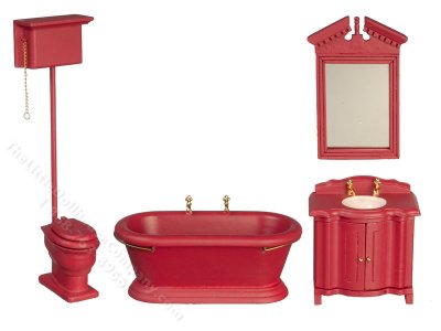 (image for) Miniature 4pc Old Fashioned Red Bathroom Set for Dollhouses