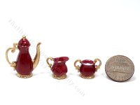 (image for) Miniature Georgian Style 3 Piece Coffee/Tea Set for Dollhouses - Red & Gold