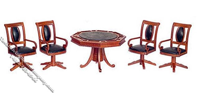 (image for) Miniature Walnut Gaming Table w/4 Chairs for Dollhouses