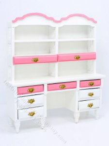(image for) Miniature White and Pink Desk with Hutch for Dollhouses
