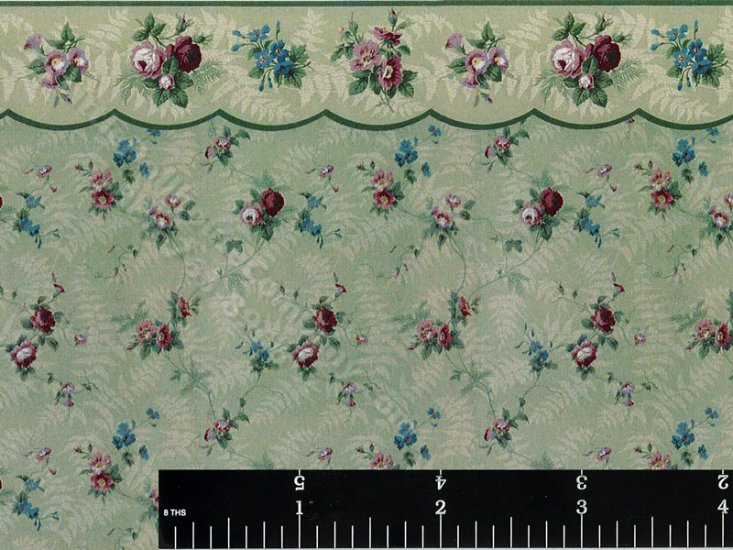 (image for) Green and Mauve Floral Pattern Wallpaper for Dollhouses