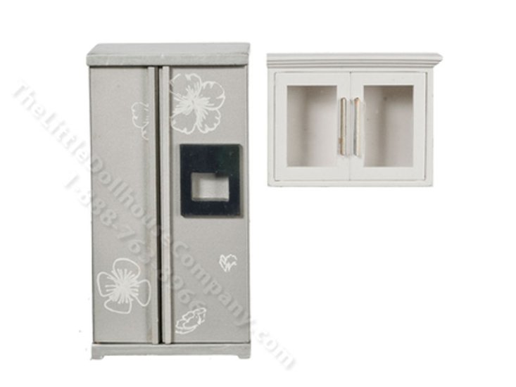 (image for) Miniature Silver Floral Fridge and Cabinet for Dollhouses