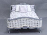 (image for) Miniature Gray Cane Bed Dressed in Grey Toile Bedding