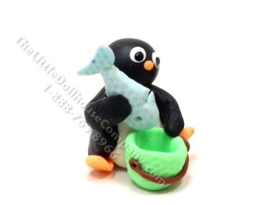 (image for) Miniature Penguin with Fish and Bucket Figurine for Dollhouses