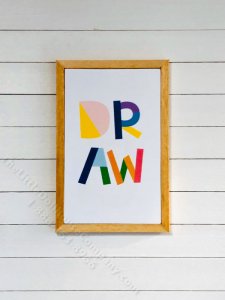 (image for) Miniature Colourful 'DRAW' Rectangular Framed Print on Wood