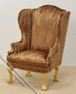 (image for) Miniature Brown Plush Wing Chair for Dollhouses