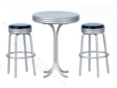 (image for) Miniature Silver Tall Table and Two Stools for Dollhouses