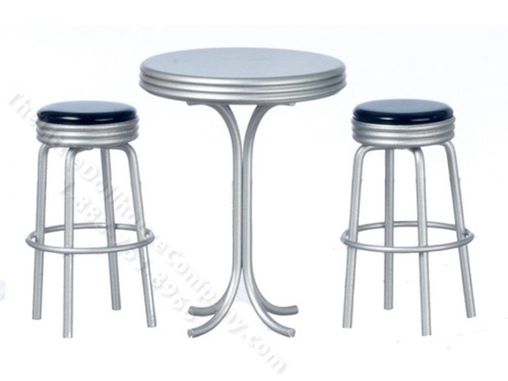 (image for) Miniature Silver Tall Table and Two Stools for Dollhouses