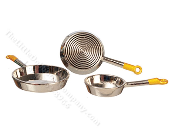 (image for) Miniature 3 Piece Aluminum Frying Pan Set for Dollhouses