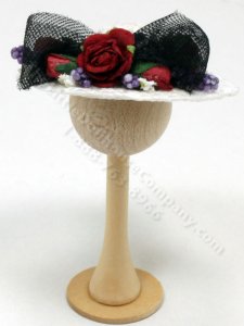 (image for) Miniature White Straw Hat With Silk Roses and Black Tulle Bow