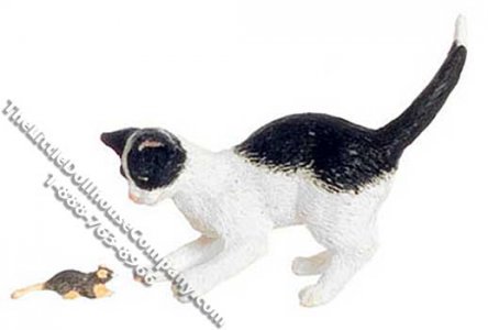 (image for) Dollhouse Scale Model Black & White Cat Catching Mouse
