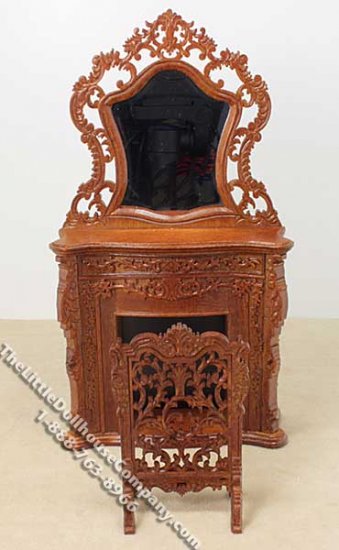 (image for) Miniature Walnut Fireplace with Wooden Screen for Dollhouses