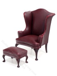 (image for) Miniature Red Leather Wingback Chair and Ottoman for Dollhouses