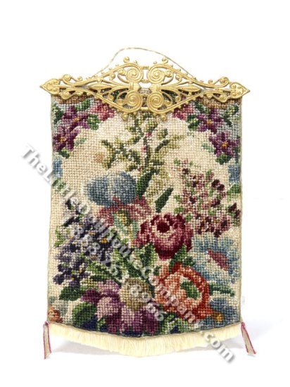 (image for) Vintage Miniature Hand Embroidered Cross-Stitch Floral Tapestry for Dollhouses