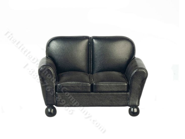 (image for) Miniature Black Leather Loveseat for Dollhouses