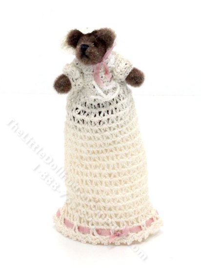(image for) Miniature Dark Brown Teddy Bear in a Christening Gown