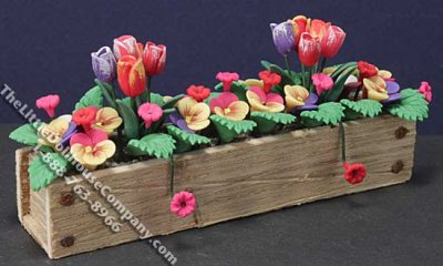 (image for) Miniature Tulips/Pansies in Wooden Window Box for Dollhouses