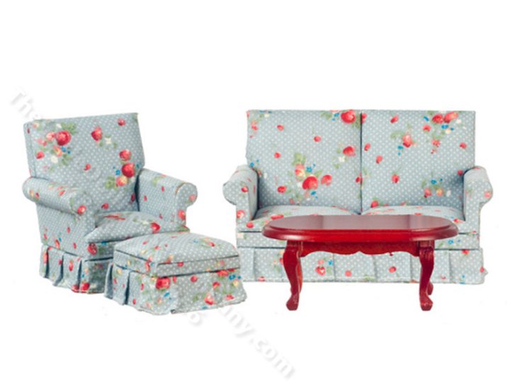 (image for) Miniature Blue Floral Living Room Set (4pc) - Mahogany