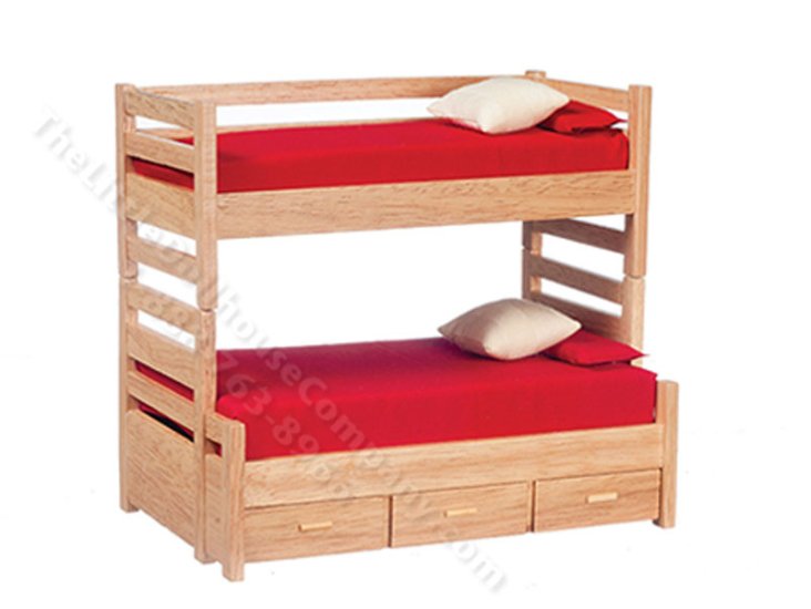 (image for) Miniature Oak Bunk Bed with Trundle for Dollhouses