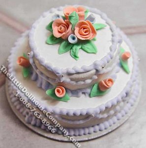 (image for) Dollhouse Scale Model Double Layer Cake w/Pink Roses