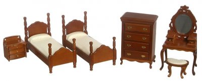 (image for) Dollhouse Miniature Walnut Twin Bedroom Set