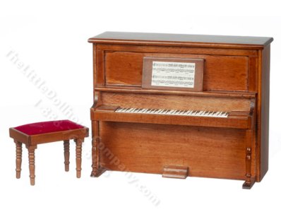 (image for) Miniature Walnut Upright Piano with Bench for Dollhouses