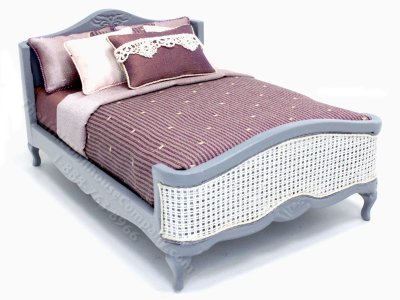 (image for) Miniature Gray Cane Bed Dressed in Plum and Blush Bedding