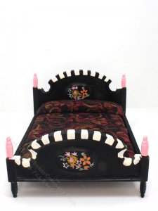 (image for) Miniature Black Bed with Floral and Stripe Details