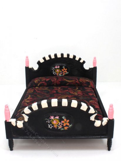(image for) Miniature Black Bed with Floral and Stripe Details