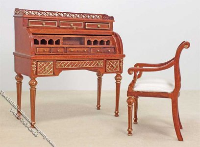 (image for) Miniature New Walnut Rolltop Desk and Chair Set for Dollhouses