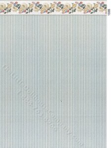 (image for) Blue Stripe w/ Floral Border Miniature Wallpaper for Dollhouses