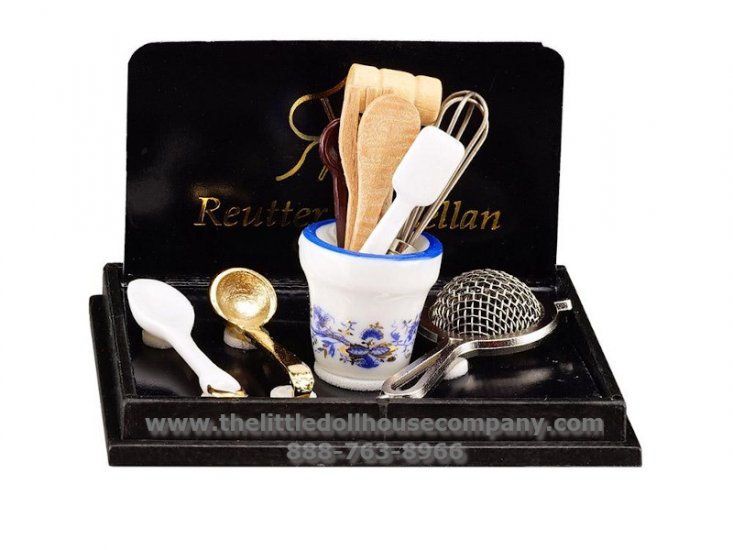 (image for) Miniature Blue Onion Utensil Holder with Utensils for Dollhouses