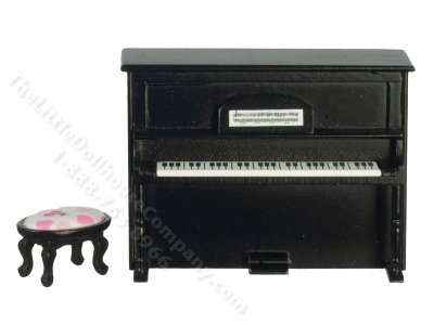 (image for) Miniature Black Upright Piano with Music & Stool for Dollhouses