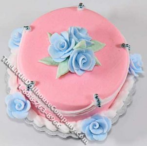 (image for) Dollhouse Scale Model Pink Draped Lace Cake w/Blue Roses
