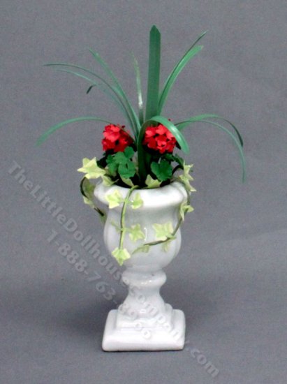 (image for) Miniature Ceramic Urn With Red Geranium, Dracaena, and Ivy