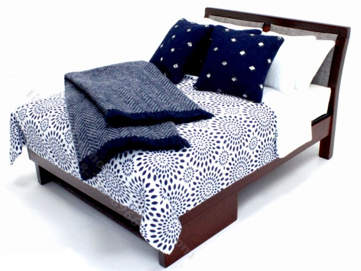 (image for) Miniature Modern Mahogany Bed Dressed in Midnight Blue