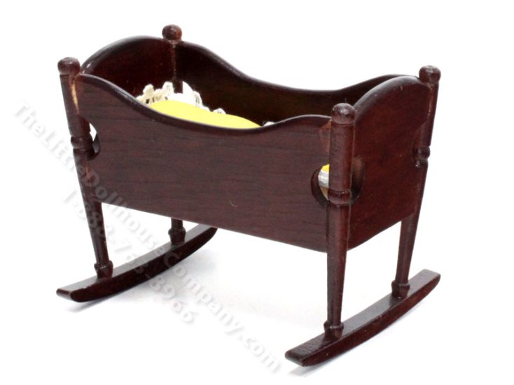 (image for) Miniature Mahogany Cradle with Yellow Bedding for Dollhouses